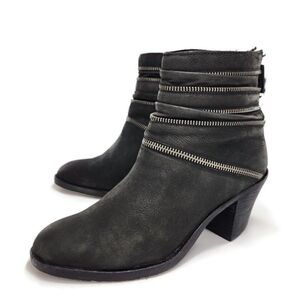 Eileen Fisher Crown Zip-Trimmed  Black Washed Leather Stacked Block Heel Booties